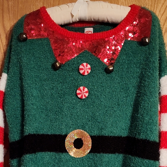 Christmas Sweater Ugly Cute You Decide Size Large Green Red Bells - Picture 2 of 3